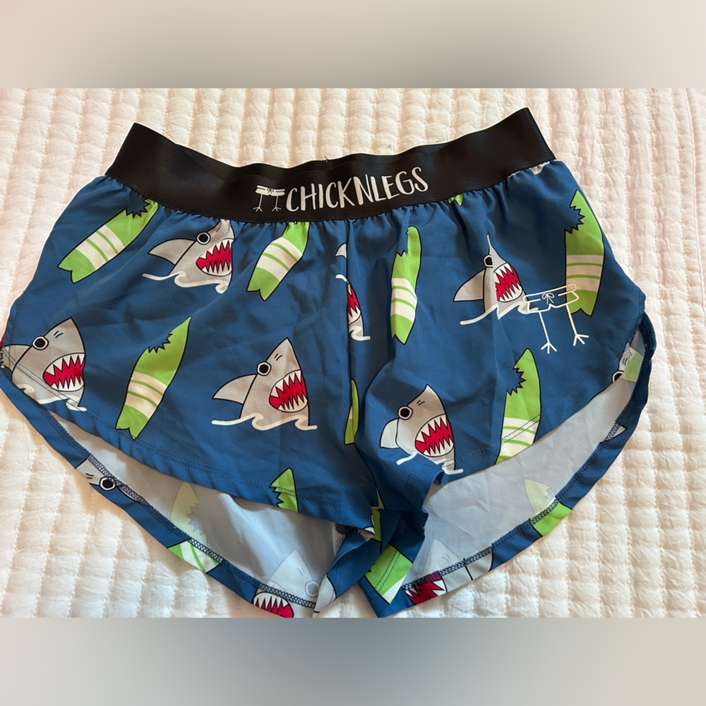 Women's Chicknlegs Blue Shark Print Athletic Shorts